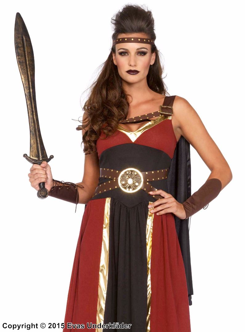 Amazon warrior, costume dress, faux leather, gold shimmer